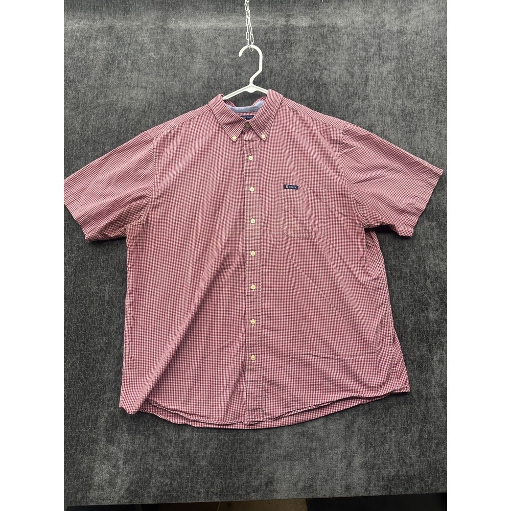 Chaps Shirt Mens 2XL Red White Gingham Cotton Easy Care Locker Loop Button Down